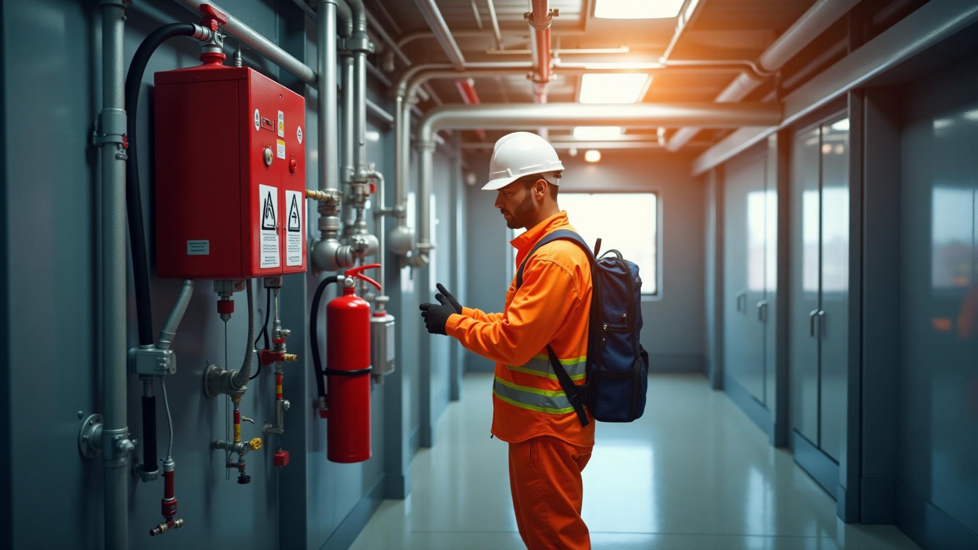 Fire safety professional inspecting equipment